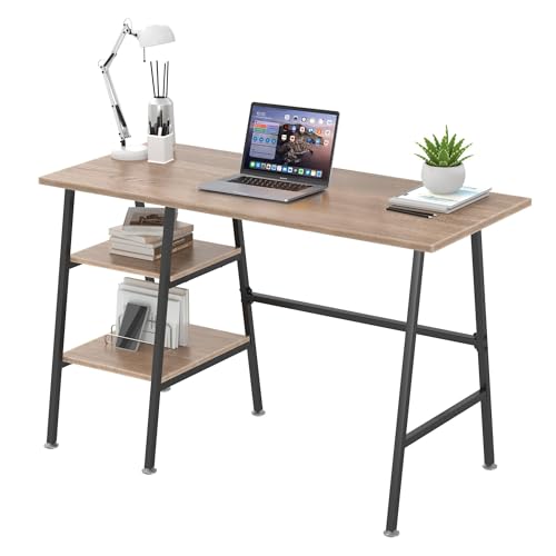VECELO Computer Home Office Desk, Study Writing Table with 2 Tier Storage Shelves on Left or Right, Wood, Oak, 109.2x50.8cm