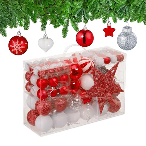Relaxdays Christmas Ornaments, Set of 101, Glittering, Tree Decorations, Baubles & Stars, Plastic, Traditional, Red