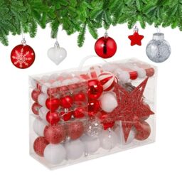 Relaxdays Christmas Ornaments, Set of 101, Glittering, Tree Decorations, Baubles & Stars, Plastic, Traditional, Red