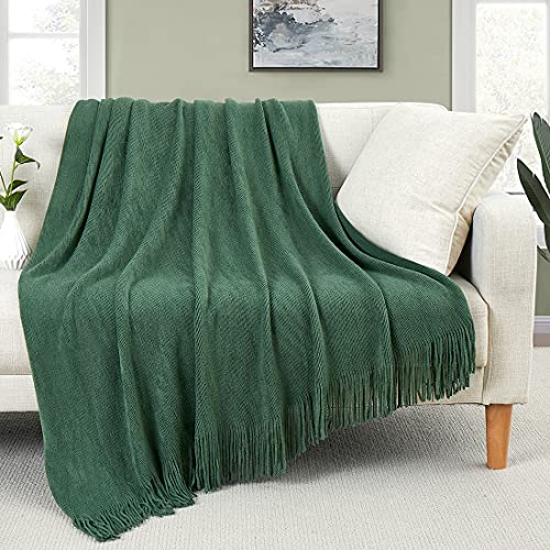 Homiest Dark Green Knitted Throw Blanket with Fringe, 50x60 Inch - Pure Acrylic, Lightweight & Breathable, All-Season Use, Machine Washable, Wrinkle & Fade Resistant, for Couch Sofa And Bed