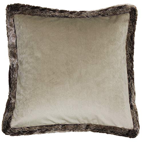"Riva Paoletti Kiruna Square Feather Filled Cushion - Taupe Beige Velvet Look and Feel - Faux Fur Edging - Reversible - Hidden Zip Closure - 100% Polyester Case - 45 x 45cm (18"" x 18"" inches)"