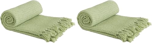 Emma Barclay Honeycomb - Recycled Cotton Plain Waffle Textured Chair Sofa Setee Throw Over Blanket in Pistachio Green - 50x60 (127x152cm) (Pack of 2)