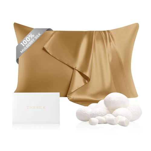 "THXSILK 100% Pure Mulberry Silk Pillowcase for Hair and Skin, 22 Momme Zipper Silk Pillow Case Standard Size, Real Silk Pillowcase with Zipper, Anti Aging Acne Free (Metallic Gold, King 20""x36"")"
