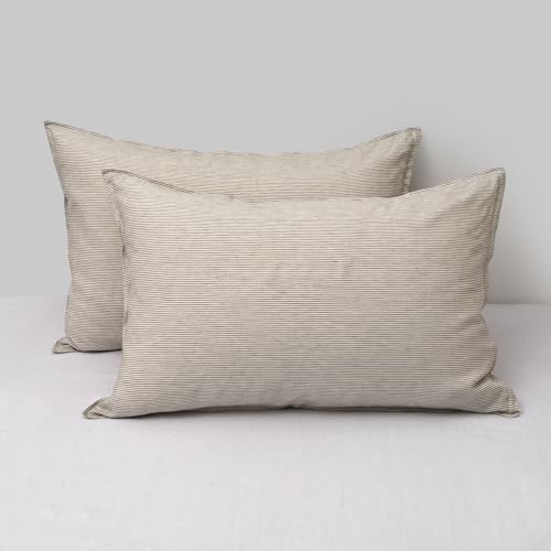 CHUFFED Linen Pillowcases 2 Pack 100% Linen Standard Pillow Cases, Breathable and Cooling Washed Pillowshams with Zipper Closure, 20x30 Inches,Grey Stripe