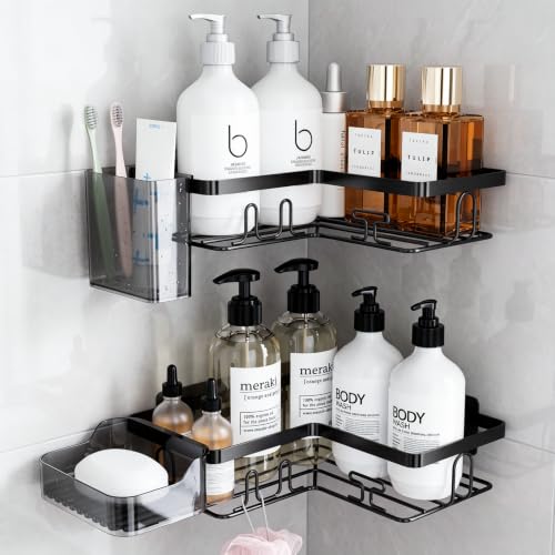 YEAUPE PRO Corner Shower Caddy, 4 Piece Bathroom Storage Set, Black - No Drill, 2 Corner Shower Shelves, Toothbrush Holder & Soap Dish, Extra Large 60 ?? 140 mm Adhesive, Rustproof Metal