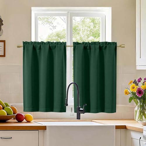 "Simplebrand Ever Green Cafe Curtains Tier 36 Inch Length 2 Panels Set, Half Window Blackout Curtains for Kitchen, Rod Pocket Tier Thermal Insulated Window Treatment Short Curtain, Each 30"" Wx36 L"