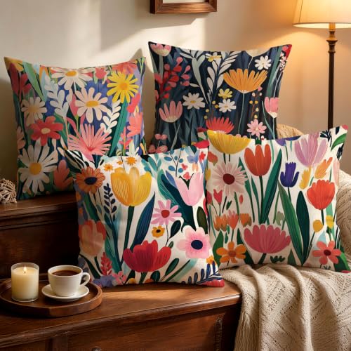 OBSEDE Modern Abstract Floral Pillow Covers, Set of 4 Bold Graphic Cushion Cases 18x18 Inch for Sofa