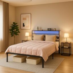 FurnitureR 4ft6 Double Bed Frame: Featuring a 4-Tier Storage Headboard, Robust Metal Platform Bed Design,For Twins Boys Girls Couple, 206x140x100Height