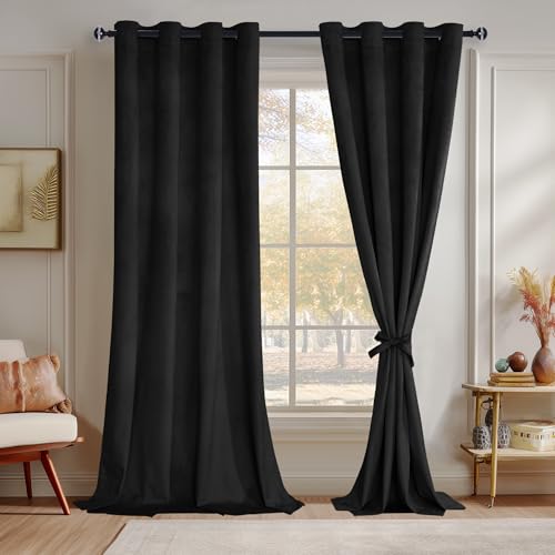 JIUZHEN Extra Long Velvet Curtains 108 inches - Soft Retro Blackout Velvet Drapes Room Darkening Thermal Insulated for Living Room/Gallery, 52W x 108L, 2 Panels with Tiebacks,Black