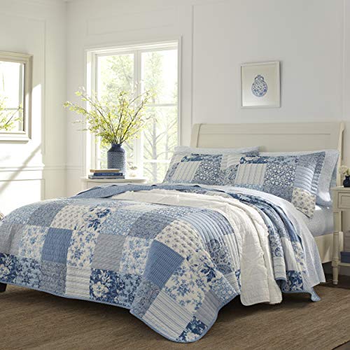 Laura Ashley - Quilt Set-100, Reversible, Lightweight & Breathable Bedding, Pre-Washed for Added Softness, Cotton, Blue, Queen