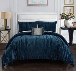Chic Home Westmont 4 Piece Comforter Set Crinkle Crushed Velvet Bedding-Decorative Pillow Shams Included, Microfiber, Navy, King