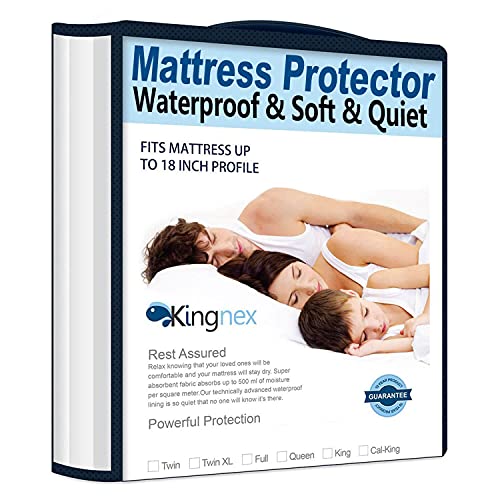 Kingnex Waterproof King Size Mattress Protector 78x80 - Fitted Cover with Stretchy Skirt, Ultra Soft Bamboo Viscose Smooth Jersey Surface, Noiseless