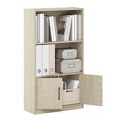 Furinno GRUEN Book Shelf, 3-Tier Bookshelf, Bookcase with Open Shelf with 2 Doors Storage Cabinet, 9.3 x 21.8 x 39.5, for Living Room, Bedroom, Home Office, Metropolitan Pine