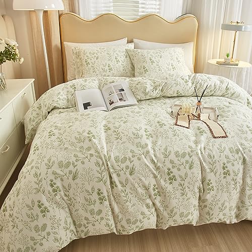 HighBuy 3 Pieces Duvet Cover Twin White Duvet Cover with Green Floral Print,Coquette Soft Comforter Cover Boho Style,Aesthetic Twin Bedding Set with Zipper Closure 4 Ties,All Season
