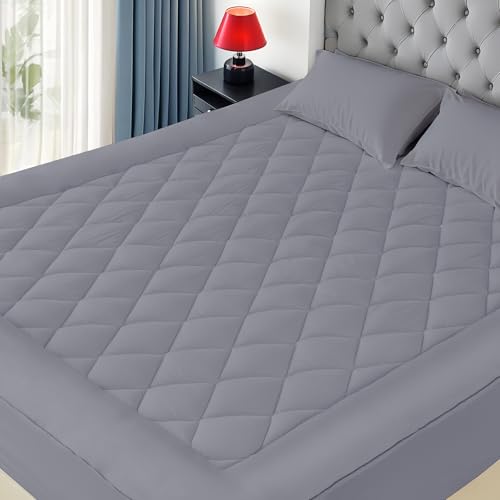 "HOMTEC Twin XL Size Mattress Pad Cotton Top Mattress Cover for College Dorm Quilted Fitted Mattress Protector with 18-22"" Deep Pocket Down Alternative Fill Noiseless & Breathable (Twin XL, Dark Grey)"
