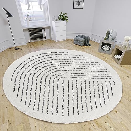 HANSE Home Dion High Pile Round Rug - Round Living Room Rug, Long Pile Shaggy Striped Pattern, Fluffy Soft for Living Room, Bedroom, Teenager's Room - Cream Black, 160 cm