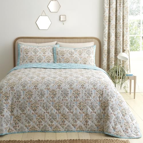 Dreams & Drapes Edena Decorative Floral Quilted Bedspread 200 x 230cm Natural – Textured Floral Design for Bedroom, Lightweight Bedspread