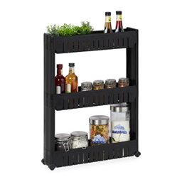 Relaxdays Niche Trolley, 3 Shelves, Narrow Shelf for Bathroom & Kitchen, 71x12.5x54 cm, Rolling Storage Plastic, Black