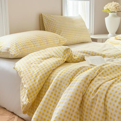 NSNLGSGC 100% Cotton Yellow Gingham Plaid Comforter Set, King - 100% Washed Cotton, Yellow Gingham Plaid Checked, 3 Pieces, Vintage Farmhouse Grid Bedding