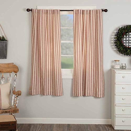 "Market Place Red Ticking Stripe Panel Curtains, 63"" Long, Set of 2 Panels, Farmhouse Style Drape Curtains in Brick Red & Natural Cream Stripes"