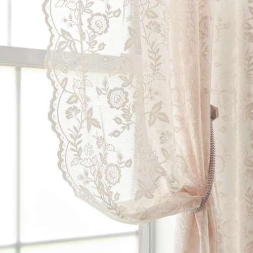 FINECITY Blush Lace Curtains 54 Inch Length for Girls Bedroom, Knitted Floral Leaf Pattern Sheer Lace Curtains 2 Panels, Rod Pocket Privacy Sheer Curtains, 52 x 54 Inch, Blush Pink