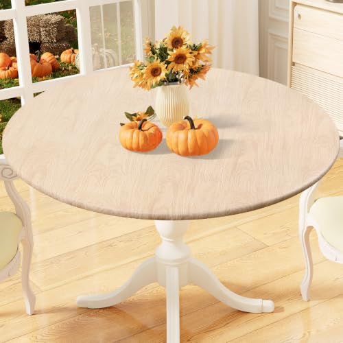 "misaya Round Fitted Tablecloth with Elastic Edge, 100% Waterproof Oil Proof Plastic Table Cover, Vinyl Flannel Backed Tablecloth Fits 45""-56"" Round Tables for Dinner, Outdoor, Picnic, Wood"