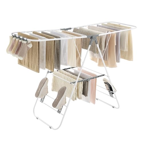SONGMICS Clothes Airer, Foldable Drying Rack with Adjustable Wings - Clothes Horse, Free-Standing Laundry Drying Rack for Indoor and Outdoor Use, Steel, Matte White and Sage Green LLR502G01