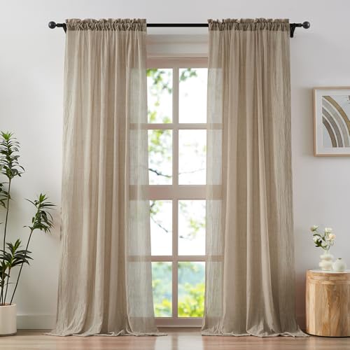 Anpark Tan Beige Sheer Curtains 84 Inches Long for Bedroom Living Room, Natural Cotton Textured Light Filtering Privacy Sheer Drapes Rod Pocket Voile Linen Curtains, W52 x L84 in, 2 Panels