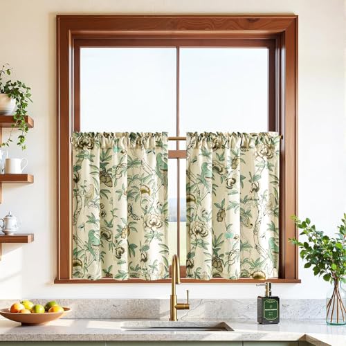 "Leeva Kitchen Curtains for Windows, Rustic Farmhouse Plants & Birds Print Short Cafe Tiers Curtains for Dining Room, Rod Pocket Window Drapes, 30"" x 24"", 2 Panels"