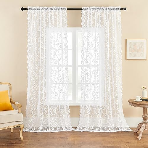FOLKSIDE Paisley Lace Floral Curtains for Living Room Bedroom Dining Room Large Window Sheer Neutral Window Drapes Rod Pocket Light Filtering 52x108 Inch White 2 Panels