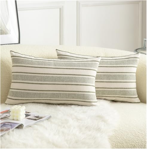 Cethom Decorative Boho Lumbar Throw Pillow Covers, Farmhouse Textured Pillow Case, 12 x 20 Inch Set of 2, Chair Sofa Bedroom Living Room Home Decor Couch Cushion Case, Olive Green and Beige