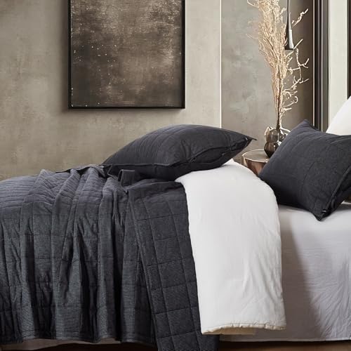 softpage Midnight Pinstripe Quilts Queen Size, Cotton Queen Quilt Set Stone Washed with Black Stripe Bedding Coverlet Light Weight 3-Pieces with 2 Pillow Shams