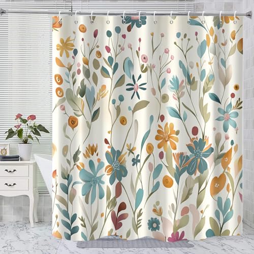 GKLEASG Colorful Floral Shower Curtain, Boho Wildflower Cute Flower Herbs Waterproof Fabric Machine Washable for Bathroom Bathtub with Hooks 72x72