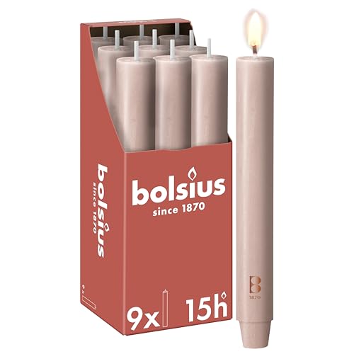 Bolsius - Tapered Candle XL Rustic - 9.1″ × 1.2″ - Light Pink - in Box of 9 - Length Burning Time 15 Hours - Unscented - Contains Natural Plant Wax - Without Palm Oil