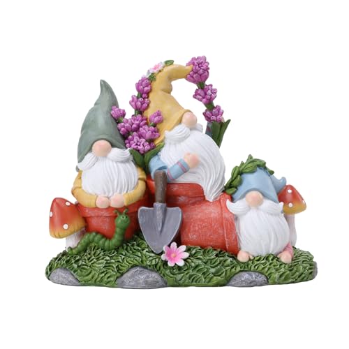 Garden Gnome Statue, Gnomes Figurine on Flower Pot with Floret and Mushrooms, Waterproof Resin Outdoor Decor for Patio Lawn Yard Home Tabletop Decoration