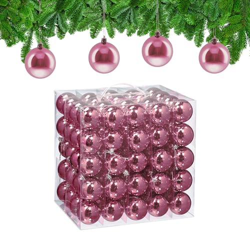 Relaxdays Christmas Baubles, Set of 100, Festive Tree Ornaments, D: 6 cm, Holiday Decorations, Plastic, Shiny, Pink