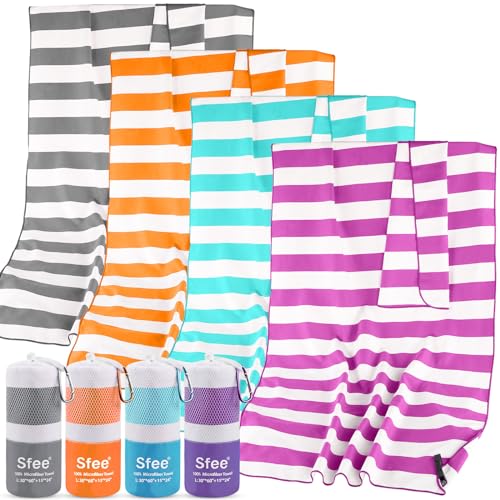 Sfee 2 Pack Microfiber Travel Towel, Quick Dry Camping Towels, Super Absorbent Compact Lightweight Sport Towel Soft Striped Beach Towel for Pool, Bath, Travel, Hiking, Gym, Yoga, Backpacking