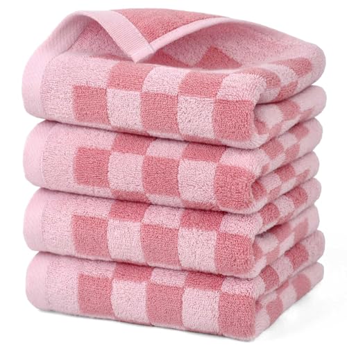 Jacquotha Soft Cotton Hand Towels in Pink Checkered - 4 Pack Lightweight Absorbent Towels for Hand Drying and Face Washing, Gifts for Women Girls, 29x13 Inches
