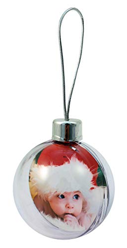 Adventa Christmas Bauble Box of 36, Photo Bauble Ornament, Large Clear Photo Frame Tree Decoration holds 2 x 80 mm photos - Ideal Personalised Gifts (Silver Cap & String) Box of 36