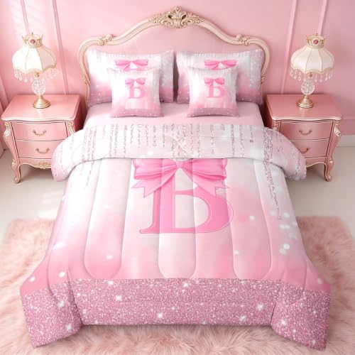 Feelyou Kids Pink Bowknot 7 Pieces Bedding Set Twin Size, Personalized Initial B Comforter Set with Sheets Princess Glitter Bed in A Bag Boys Girls Bow Alphabet Teens Bed Set Bedroom Decor 7Pcs