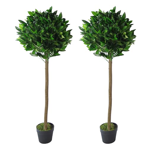 Leaf Design UK Pair of Artificial Bay Topiary Ball Trees, Green, 120cm (4ft)