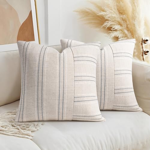 AELS 18x18 Decorative Farmhouse Linen Throw Pillow Covers, Boho Textured Pillow Case, Set of 2, Beige with White & Gray Stripe Patchwork Cushion Cover for Sofa Couch Living Room (Cover ONLY)