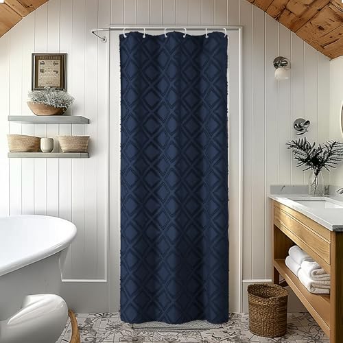 "OWENIE Navy Blue Shower Curtain Set for Bathroom, 36"" Width Stall Small Boho Shower Curtain with 12 Hooks, Soft Lightweight Jacquard Design Fabric Shower Curtains, Machine Washable, 36 W x 72 L"