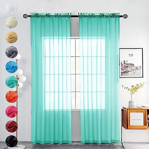 youleyar Solid Sheer Rod Pocket Curtain Voile Draperies 2 Panels White Beige Black Grey Coffee 52 Inch Width 96 Inch Long 1 Pair for Kitchen Bedroom Children Living Room Yard (Turquoise,52W???96L)