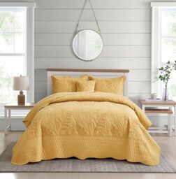 DaisyHuang Botanical Oversized Bedspread King Size - Leaves Pattern Stitching Quilt Set - Elegant & Fresh Style Bedding Coverlets, Reversible, Lightweight, 4 Piece, Honey Gold