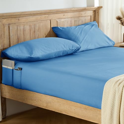 Entisn Pure Cotton Fitted Sheet, Side Pockets, Queen (Light Blue) - 400 Thread Count, 16-Inch Deep Pocket, Breathable Cotton, Side Storage Pockets, Machine Washable