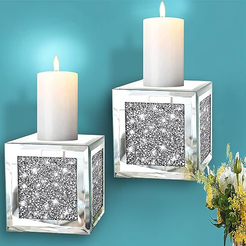 ZOLAPI Set of 2 Crystal Crush Diamond Candle Sconces, Gorgeous Silver Mirrored Wall Sconce, Candle Holder Glass Wall Decorations for Home Décor, Living Room, Dining Room. Floating Shelves