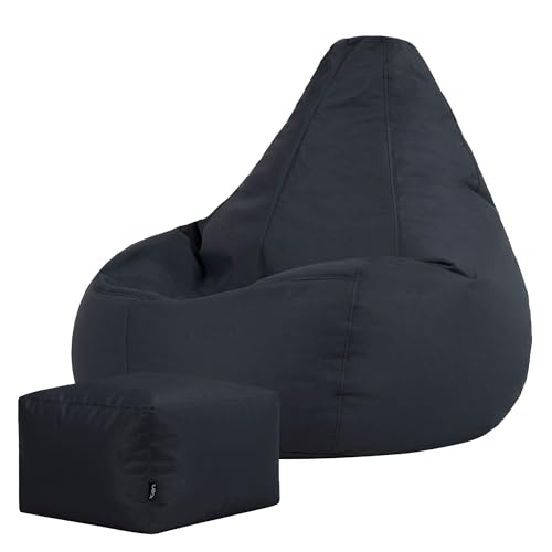 Bean Bag Bazaar Dalton Outdoor Bean Bag and Footstool, Charcoal Grey, Garden Chair and Footstool, Water Resistant Fabric, Gaming Beanbag with Filling Included, Garden Seat, Outdoor Seating