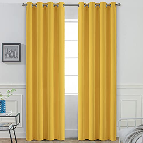 Yakamok Grommet Room Darkening Soft Thermal Insulated Mustard Yellow Blackout Curtains Window Panels for Bedroom, Width 52 Inch by Length 96 Inch, Two Curtain Panels