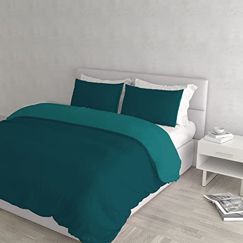 Italian Bed Linen Natural Color Duvet Cover Set with Doubleface Solid Colour Bag Sheet and Pillowcase, Petrol Bottle Green, double